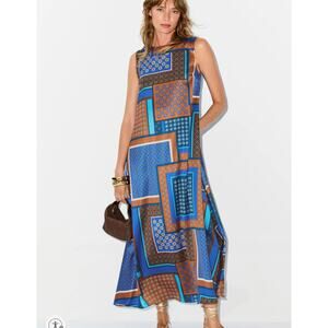 Misa Blue Patchwork Midi Dress MEDIUM Satin Vacation Aline Weekend Designer $410